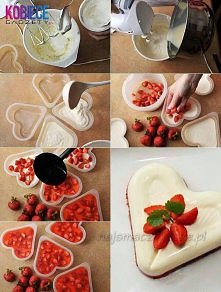 Panna Cotta z truskawkami!
1 galaretka o smaku truskawkowym, 350 ml wody, 200 ml śmietanki kremowej 30% (zimnej), 250 g serka mascarpone, 40 ml mleka, 40 g cukru, 1 duża łyżka ż...