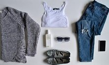 szary sweter + srebrne, cekinowe baleriny