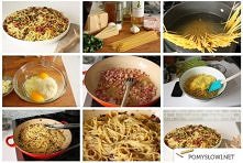 Przepis na pyszne spaghetti :) 

Składniki:
40 dag boczku
Makaron Spaghetti
śmietana 30%
4 żółtka
100 g parmezanu startego
sól, pieprz
oliwa z oliwek

Podsmażamy boczek na patel...