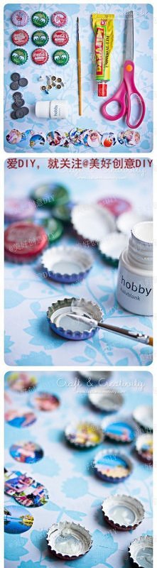 Potrzebne:
Kapsle
Malutkie zdjęcia
Pineski
Magnesy
Biała farbka
Pędzel
Klej
Nożyczki
Jak zrobić?
Środek kapsla pomaluj na biało i poczekaj aż wyschnie.
Powycinaj dokładnie w koł...