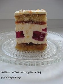 Kostka kremowa z galaretką
(forma o wymiarach 33x20 cm)

Galaretka

    2 galaretki truskawkowe
    400 ml wody

Galaretki przyrządzić według instrukcji na opakowaniu, wykorzyst...