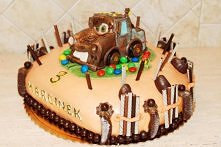 Tort urodzinowy.
Dekoracja: masa cukrowa, galaretka w czekoladzie, draże czekoladowe, paluszki czekoladowe.