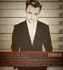 Malfoy, Draco 
Nagroda: 50 000 galeonów 
Ostatni znany adres: Czarodziejski Avigon, Francja 
Ścigany za: udzielanie pomocy ruchowi oporu. Zwolniony dyscyplinarnie i skrajnie niebezpieczny.