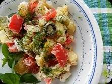 SALATKA ZIEMNIACZANA Z POMIDORAMI

Składniki (dla 4 osób):
- 1kg oskrobanych/obranych ziemniaków
- 2 pomidory malinowe
- 2 ogórki kiszone
- kilkanaście czarnych oliwek
- 2 średn...