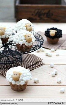 Babeczki owieczki:

 2 jajka
 150g cukru
 1 łyżeczka ekstraktu waniliowego
 2 łyżki masła
 150ml śmietanki kremówki 30%
 175g mąki pszennej
 1 łyżeczka proszku do pieczenia
 1/2...