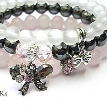 Komplet trzech bransoletek wykonanych z naturalnych kamieni - jadeity [8mm] ,kuleczki grafitowego hematytu [10mm], matowego szkła [8mm], kryształków [8 x 10mm], przekładki wysad...