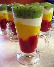 Deser mocno owocowy

Składniki:

- mango
- kiwi
- truskawki ( mogą być mrożone )
- lub inne owoce
- serek homogenizowany

Przygotowanie:

Owoce miksujemy ( osobno ) na gładką ma...