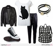 długie eleganckie spodnie + t-shirt z nadrukiem kota. ciekawe połączenie na luzie. Wam się podoba?