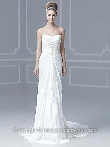 Sheath/Column Sweetheart Chiffon Chapel Train White Beading Wedding Dresses