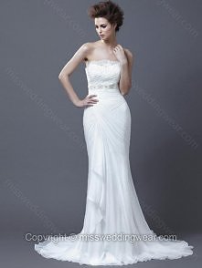 Sheath/Column Strapless Chiffon Sweep Train White Lace Wedding Dresses