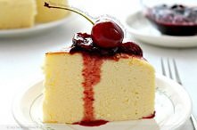 Fluffy creamy japanese cheesecake with simple cherry sauce