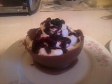 troszkę nieudane ale pyszne :D 
czekolada ,musli,bita śmietana i jagody <3 :D