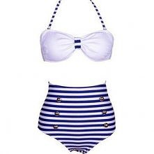 High Waisted Vintage Halterneck Cross Stripe Six Buttons Swimsuit For Women