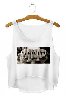 Crop top damski koszulka do pępka bluzka przed pępek odkryty brzuch z nadrukiem obrazkiem BELIEBER dla fanek JUSTINA BIEBERA w sklepie internetowym SHOCK share&block modna k...