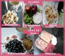 24 Lipiec:
Śniadanie: Owsianka z bananem, cynamonem, rodzynkami, migdałami w płatkach i szczyptą kakao,herbata zielona z pigwą Big active.
II Śniadanie: 2 nektarynki, garść biał...