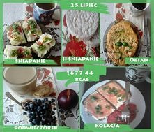 25 Lipiec:
Śniadanie: 2 kromki chleba razowego słonecznikowego Oskroba z mozzarellą, połówką jajka na twardo w plasterkach, pomidorem, ogórkiem i świeżą bazylią, herbata zielona...