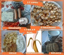 27 lipiec:
Śniadanie: pół kromki chleba żytniego owsianego Oskroba posmarowane Florą Original, 2 parówki z indyka, papryka czerwona, odrobina sosu chrzanowego z łagodnym ketchup...