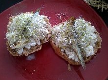 Dietetyczne śniadanko :)
Kanapki z białym serem, szprotką i kiełkami, oczywiście na domowych bułeczkach!