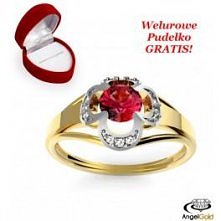Pierścionek zaręczynowy ze złota próby 585. Zdobiony rubinem syntetycznym. Kliknij w zdjęcie aby przejść do sklepu.