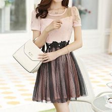 Fashion Embossing Gauze Chiffon Spliced Short Sleeve Dress