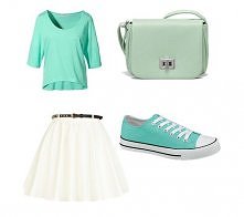 Miętowa bluzeczka oraz biała spódniczka do tego jasno zielona torebka oraz miętowe trampeczki <3