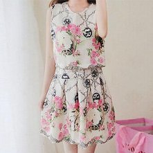 Sweet Floral Print Bowknot Sleeveless Lace Dress + Floral Print Tank top