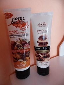 Kremy do rąk Sweet Secret z Farmony truffle i migdały oraz Joanna Sweet Fantasy czekolada ,kupiłam za 6 zł pierwszy ,drugi na promocji za 3 zł ,nie mogłam sie oprzeć zapachom ,a...