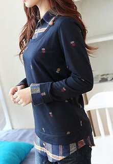 Mock Two Piece Mixed Color Plaid Shirt Sweatshirt Jumper Pullover