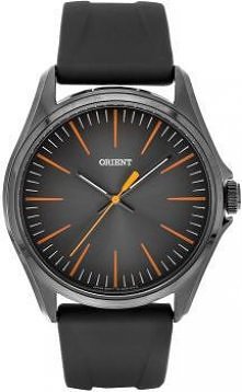 Czarny zegarek z pomarańczowymi indeksami.