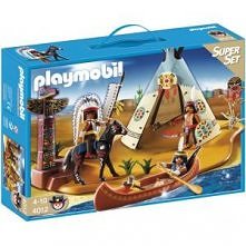 Playmobil 4012 - Obóz Indian Super Set serii Western - Kompaktowy zestaw dla dzieci od 4 lat zawiera: 3 Indian, wysepkę, 2 osobowe kanoe, tipi z ogniskiem, totem, rumak, rośliny...