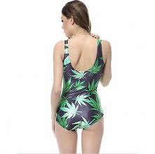 Navy Sleeveless Leaves Print Skinny Swimsuit