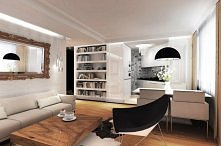 Projekt wnętrz klasycznego salonu z otwarta kuchnią - Tissu. Eleganckie mieszkanie w stylu nowojorskim z biblioteką w salonie i czarno - białą kuchnią. Ciepły odcień podłogi, ce...