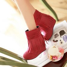 European Style Chic Fringe Pure Color Wedge Boots