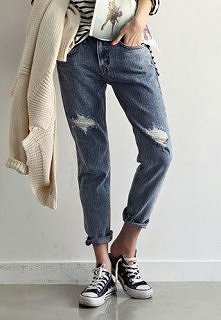 Oversize Street-chic Cuffed Frayed Jeans Trousers