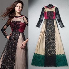 Contrast Color Mesh Lace Pattern High Waist Maxi Dress
