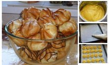 15 dag mąki
1 szklanka wody
8 dag masła
4 jaja
pół łyżeczki proszku do pieczenia
szczypta soli
Sposób przygotowania: Wodę zagotować z masłem i solą, wsypać przesiana mąkę, odsta...