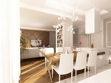 Projekt wnętrz eleganckiego apartamentu na Mokotowie. Salon połączony z kuchnią w nowoczesnej zabudowie Dominuje tu biel, szarość i drewno.