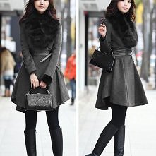 Fashion Fur Collar Gathered Waist Long Sleeve Warm Woolen Coat