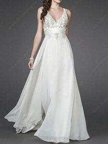 A-line Spaghetti Straps Chiffon Sweep Train Beading Prom Dresses