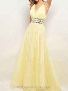 A-line V-neck Chiffon Floor-length Sleeveless Rhinestone Prom Dresses