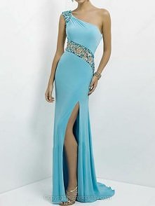 Sheath/Column One Shoulder Chiffon Tulle Sweep Train Split Front Prom Dresses