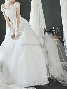 Princesa Hombros caídos Hasta el suelo Organdí Vestido de Novia con Lentejuelas