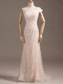 Sheath/Column One Shoulder Tulle Satin Court Train Beading Wedding Dresses