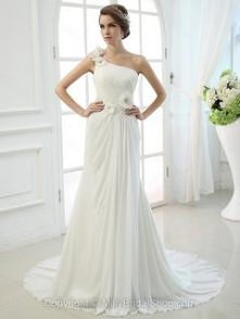Sheath/Column One Shoulder Chiffon Court Train Flower(s) Wedding Dresses