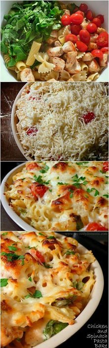 Zapiekanka

Pomidorki koktajlowe, szpinak, kurczak (np pierś), makaron i przyprawy wymieszać w naczyniu żaroodpornym, zasypać serem tartym np mozarella i na 180 stopni do piekar...