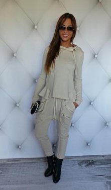 FbyM - Nowość ! Beżowy komplet z dzianiny dresowej baggy + baskinka