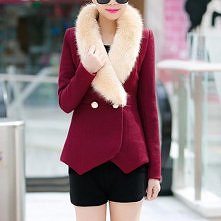 Elegant Fur Collar Double-breasted Irregular Hem Woolen Coat
