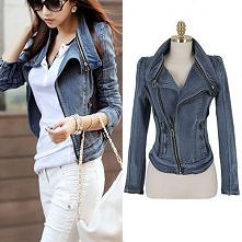 Fashion Long Sleeve Oblique Zipper Slim Fit Denim Coat