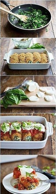 Składniki: 
3 filety z kurczaka szpinak (jeżeli wybierzemy ten mrożony to ok. 3 kostki) 200 g koncentratu pomidorowego 1 mozzarella 1 łyżka miodu 1łyżka ziół prowansalskich 5 zą...