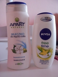 Żele pod prysznic :
1)Apart Bawełna mleczko -cena ok.5zł za 400ml ,skusiła mnie cena i pojemność ,zapach bardzo delikatny przyjemny,produkt kremowy,niestety minusy to wydajność ...